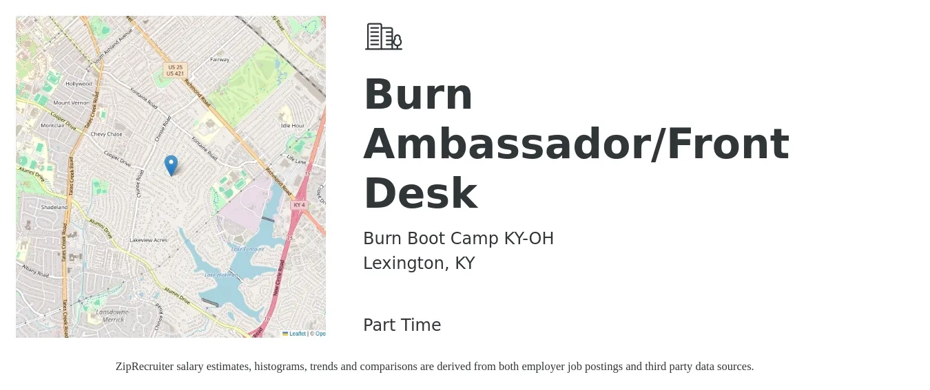 Burn Boot Camp KY-OH job posting for a Burn Ambassador/Front Desk in Lexington, KY with a salary of $10 to $12 Hourly with a map of Lexington location.