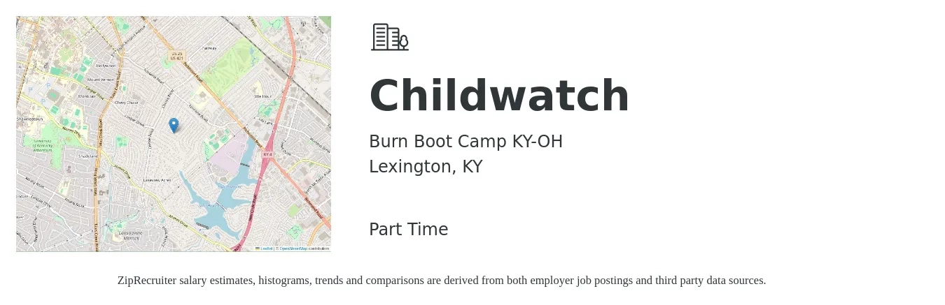 Burn Boot Camp KY-OH job posting for a Childwatch in Lexington, KY with a salary of $12 Hourly with a map of Lexington location.