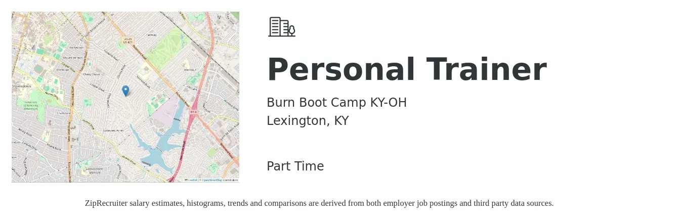 Burn Boot Camp KY-OH job posting for a Personal Trainer in Lexington, KY with a salary of $20 to $30 Hourly with a map of Lexington location.