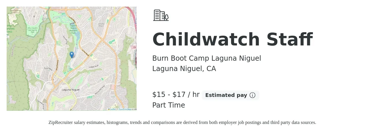 Burn Boot Camp Laguna Niguel job posting for a Childwatch Staff in Laguna Niguel, CA with a salary of $16 to $18 Hourly with a map of Laguna Niguel location.