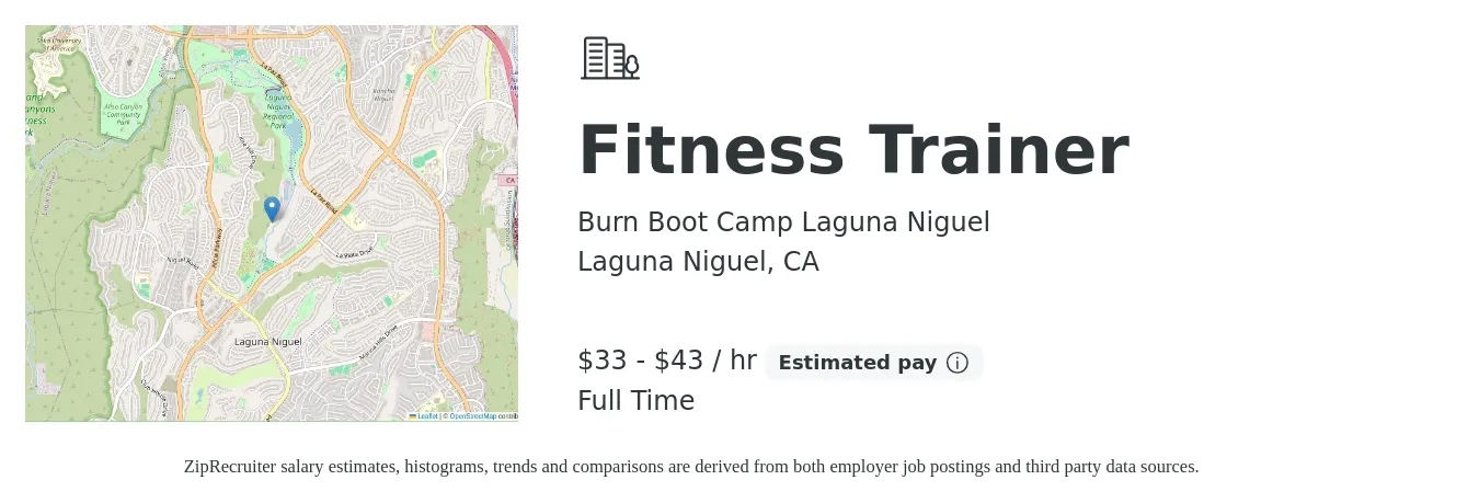 Burn Boot Camp Laguna Niguel job posting for a Fitness Trainer in Laguna Niguel, CA with a salary of $35 to $45 Hourly with a map of Laguna Niguel location.