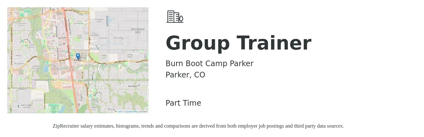 Burn Boot Camp Parker job posting for a Group Trainer in Parker, CO with a salary of $21 to $34 Hourly with a map of Parker location.