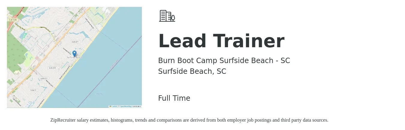 Burn Boot Camp Surfside Beach - SC job posting for a Lead Trainer in Surfside Beach, SC with a salary of $20 to $25 Hourly and benefits including pto with a map of Surfside Beach location.