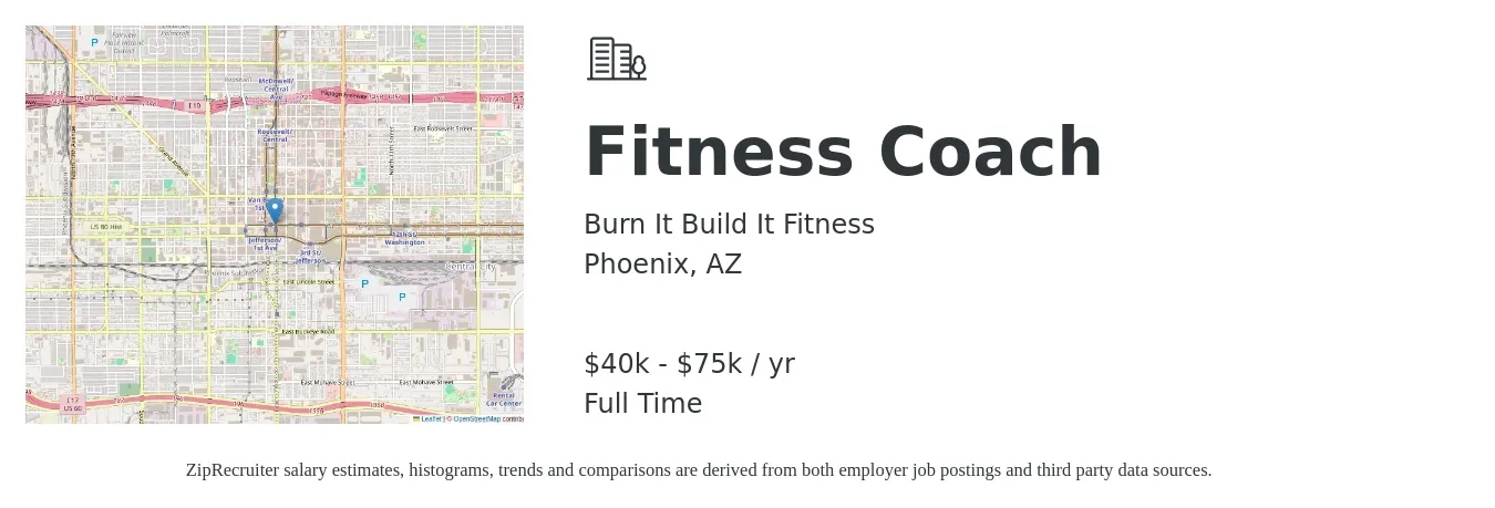Burn It Build It Fitness job posting for a Fitness Coach in Phoenix, AZ with a salary of $40,000 to $75,000 Yearly with a map of Phoenix location.