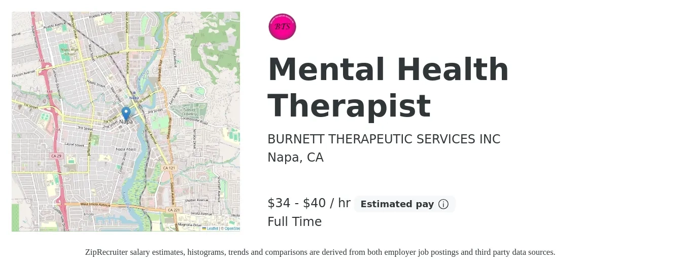 BURNETT THERAPEUTIC SERVICES INC job posting for a Mental Health Therapist in Napa, CA with a salary of $36 to $42 Hourly with a map of Napa location.