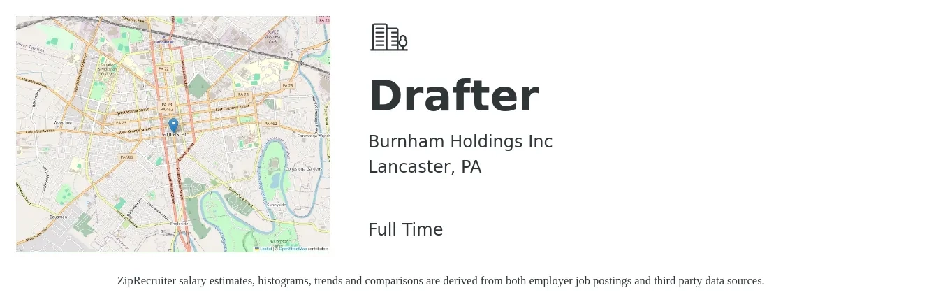 Burnham Holdings Inc job posting for a Drafter in Lancaster, PA with a salary of $22 to $31 Hourly with a map of Lancaster location.