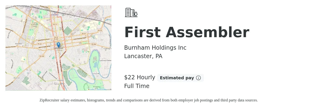 Burnham Holdings Inc job posting for a First Assembler in Lancaster, PA with a salary of $23 Hourly with a map of Lancaster location.