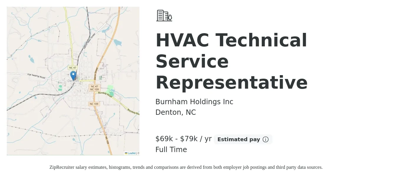 Burnham Holdings Inc job posting for a HVAC Technical Service Representative in Denton, NC with a salary of $69,000 to $79,000 Yearly with a map of Denton location.