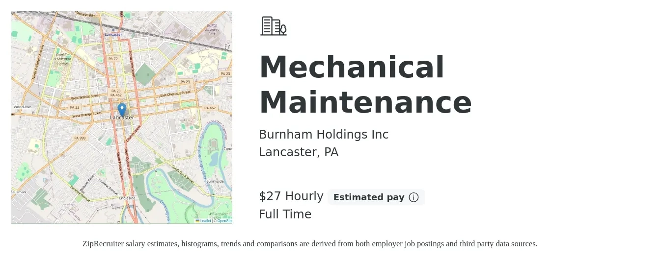 Burnham Holdings Inc job posting for a Mechanical Maintenance in Lancaster, PA with a salary of $29 Hourly with a map of Lancaster location.