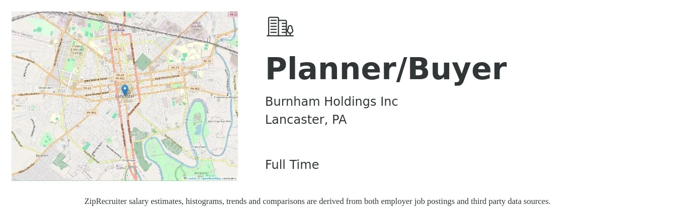 Burnham Holdings Inc job posting for a Planner/Buyer in Lancaster, PA with a salary of $55,400 to $76,300 Yearly with a map of Lancaster location.