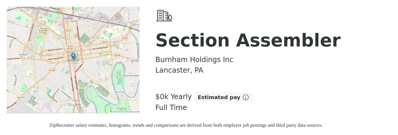 Burnham Holdings Inc job posting for a Section Assembler in Lancaster, PA with a salary of $20 to $25 Yearly with a map of Lancaster location.