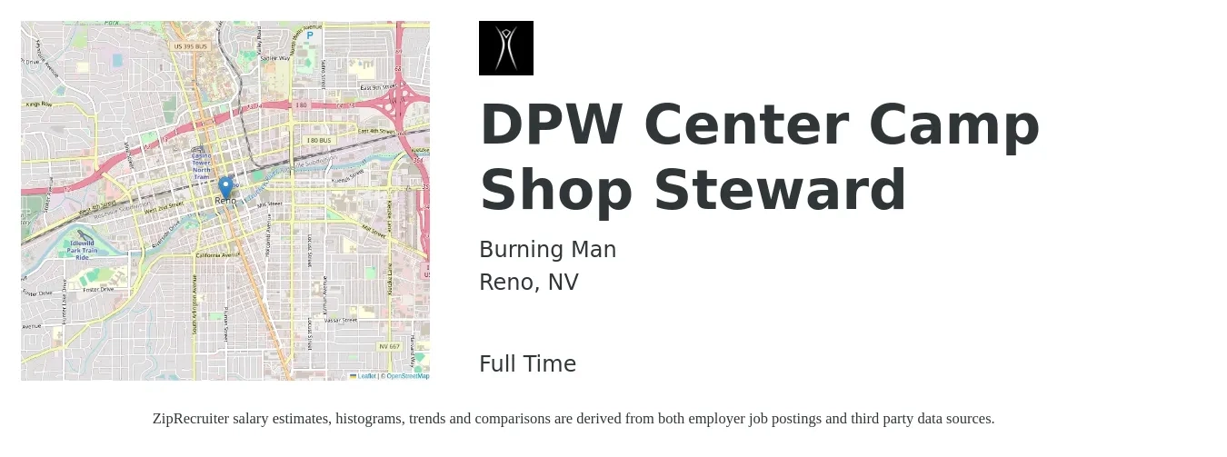 Burning Man job posting for a DPW Center Camp Shop Steward in Reno, NV with a salary of $15 to $16 Hourly with a map of Reno location.