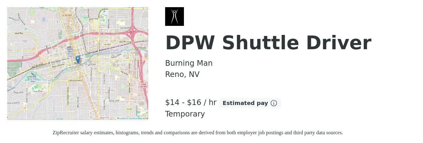 Burning Man job posting for a DPW Shuttle Driver in Reno, NV with a salary of $15 to $17 Hourly with a map of Reno location.