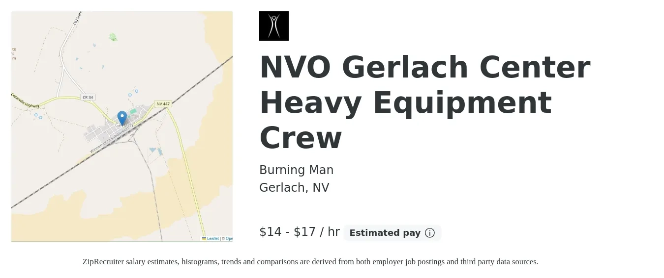 Burning Man job posting for a NVO Gerlach Center Heavy Equipment Crew in Gerlach, NV with a salary of $16 to $18 Hourly with a map of Gerlach location.