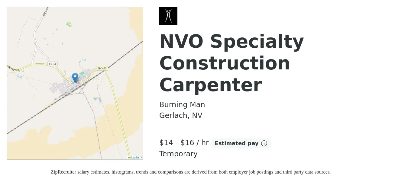 Burning Man job posting for a NVO Specialty Construction Carpenter in Gerlach, NV with a salary of $15 to $17 Hourly with a map of Gerlach location.