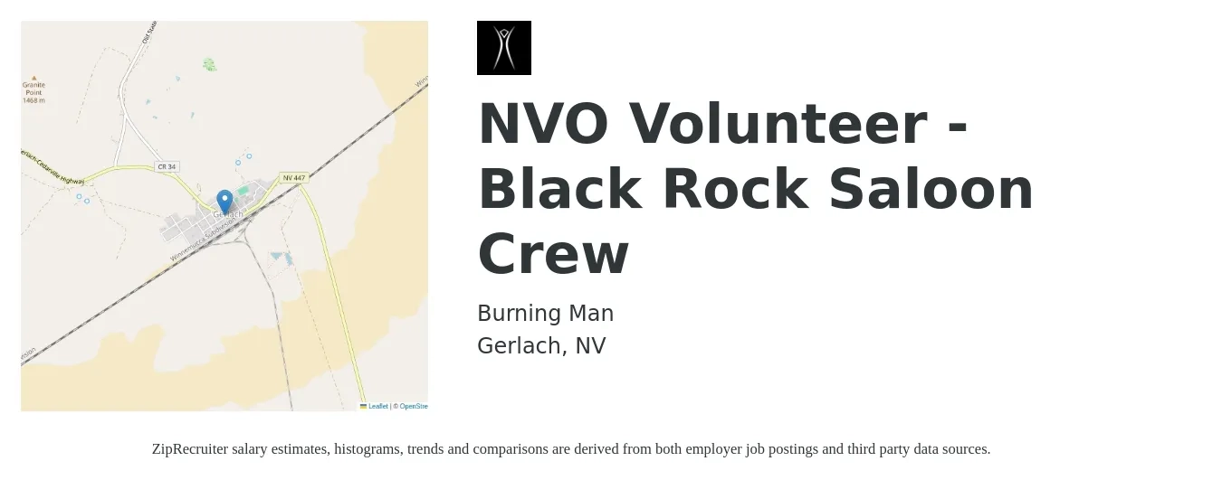 Burning Man job posting for a NVO Volunteer - Black Rock Saloon Crew in Gerlach, NV with a salary of $17 to $22 Hourly with a map of Gerlach location.