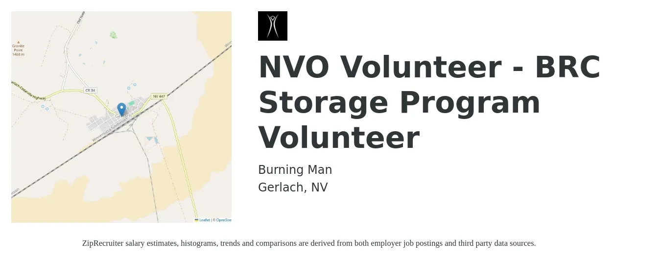 Burning Man job posting for a NVO Volunteer - BRC Storage Program Volunteer in Gerlach, NV with a salary of $43,300 to $61,500 Yearly with a map of Gerlach location.