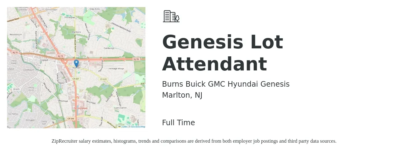 Burns Buick GMC Hyundai Genesis job posting for a Genesis Lot Attendant in Marlton, NJ with a salary of $15 to $18 Hourly with a map of Marlton location.