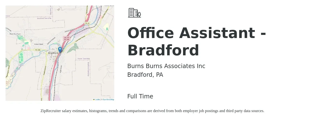 Burns Burns Associates Inc job posting for a Office Assistant - Bradford in Bradford, PA with a salary of $14 to $18 Hourly with a map of Bradford location.