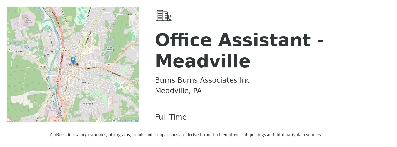 Burns Burns Associates Inc job posting for a Office Assistant - Meadville in Meadville, PA with a salary of $15 to $20 Hourly with a map of Meadville location.