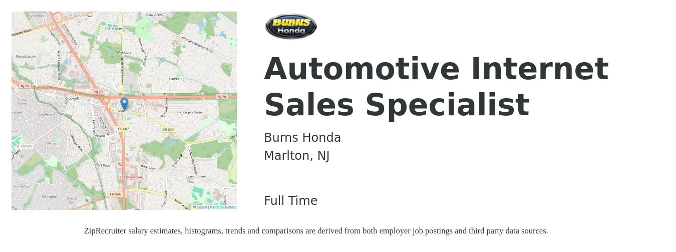 Burns Honda job posting for a Automotive Internet Sales Specialist in Marlton, NJ with a salary of $18 to $33 Hourly with a map of Marlton location.