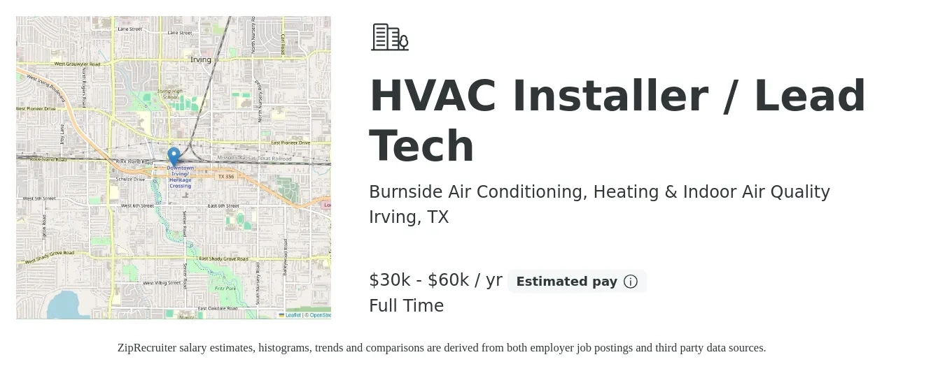 Burnside Air Conditioning, Heating & Indoor Air Quality job posting for a HVAC Installer / Lead Tech in Irving, TX with a salary of $30,000 to $60,000 Yearly with a map of Irving location.