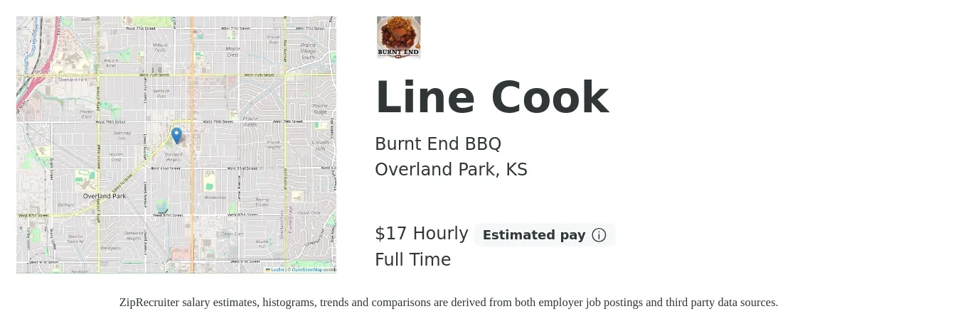 Burnt End BBQ job posting for a Line Cook in Overland Park, KS with a salary of $18 Hourly with a map of Overland Park location.