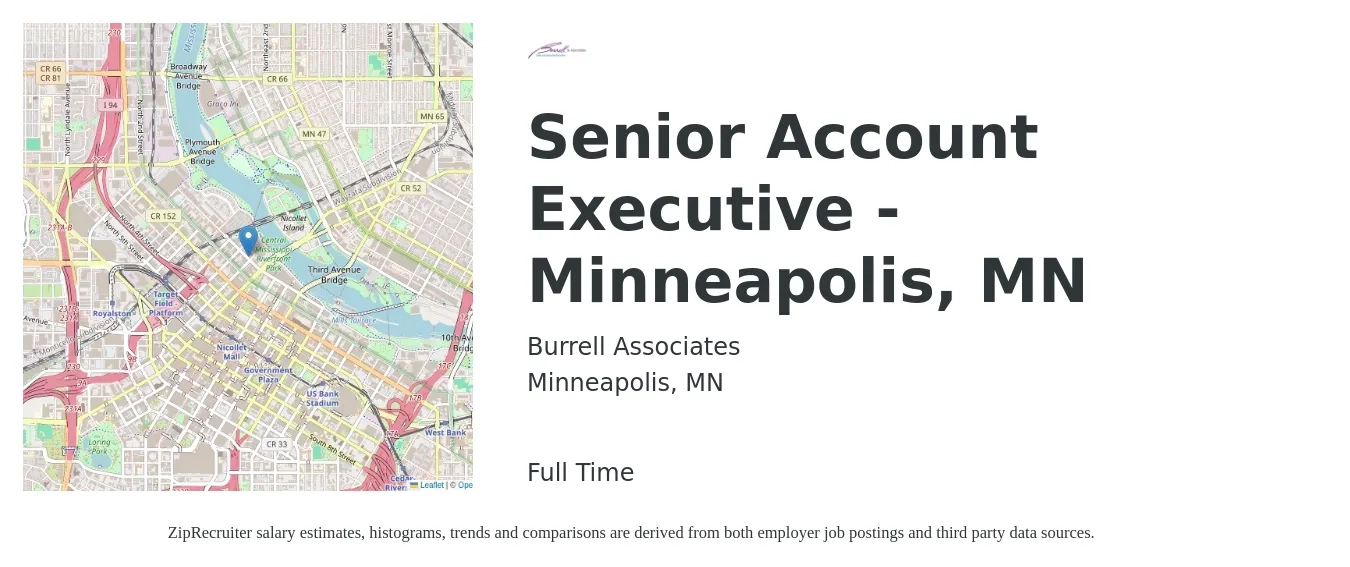 Burrell Associates job posting for a Senior Account Executive - Minneapolis, MN in Minneapolis, MN with a salary of $80,400 to $123,200 Yearly with a map of Minneapolis location.
