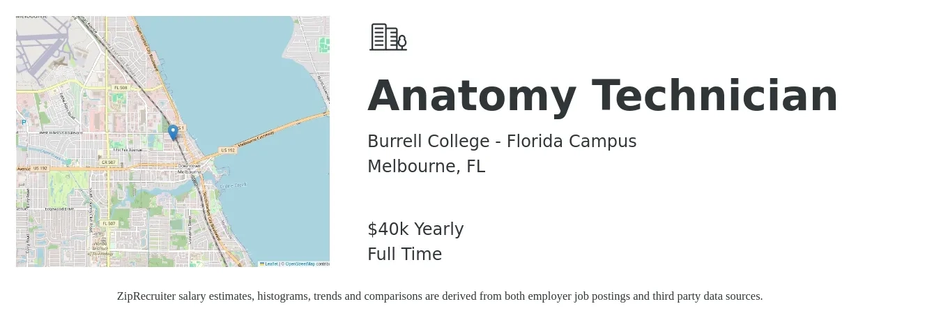 Burrell College - Florida Campus job posting for a Anatomy Technician in Melbourne, FL with a salary of $40,060 Yearly with a map of Melbourne location.