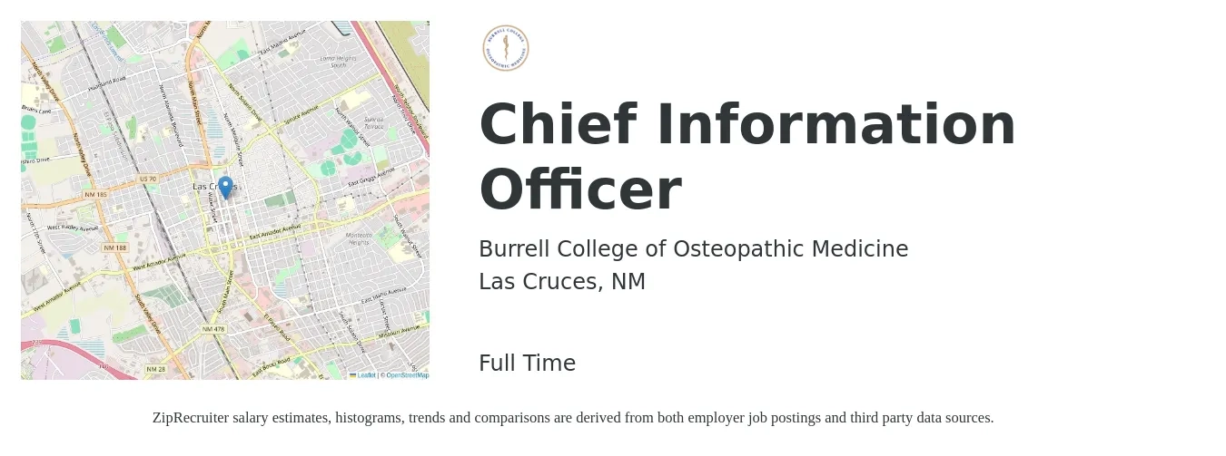 Burrell College of Osteopathic Medicine job posting for a Chief Information Officer in Las Cruces, NM with a salary of $123,600 to $186,400 Yearly with a map of Las Cruces location.