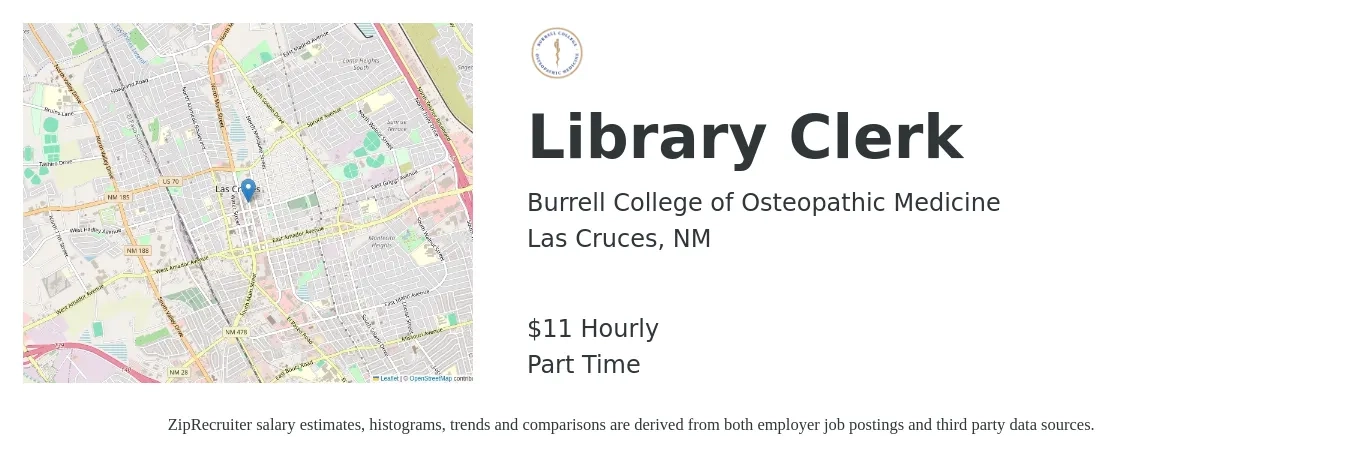 Burrell College of Osteopathic Medicine job posting for a Library Clerk in Las Cruces, NM with a salary of $12 Hourly with a map of Las Cruces location.