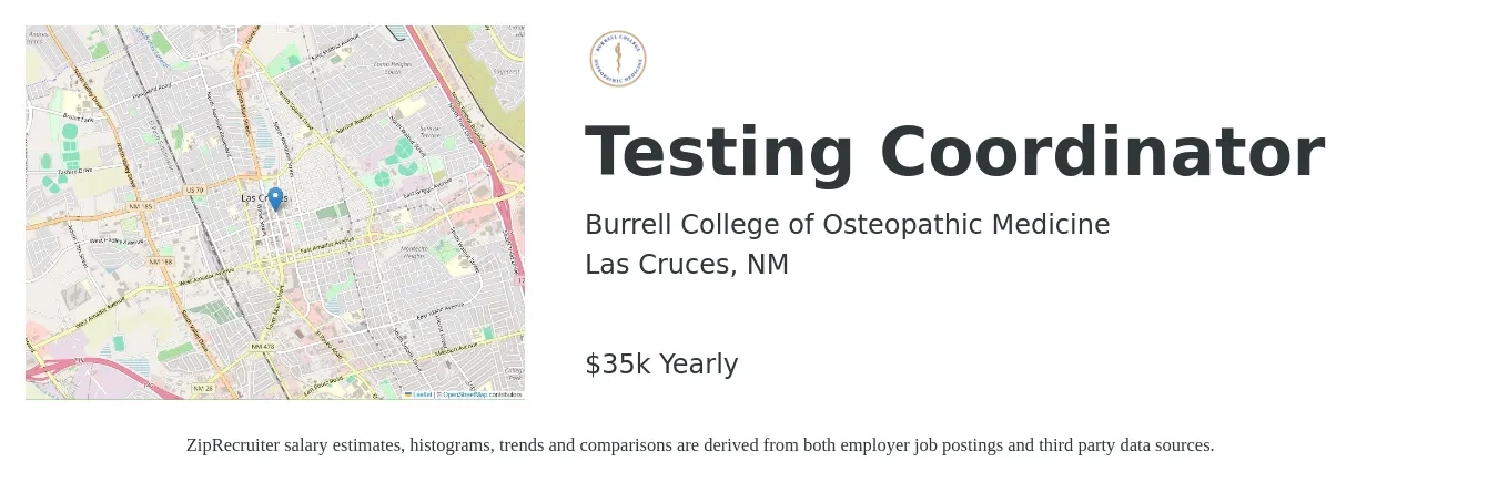 Burrell College of Osteopathic Medicine job posting for a Testing Coordinator in Las Cruces, NM with a salary of $35,000 Yearly with a map of Las Cruces location.