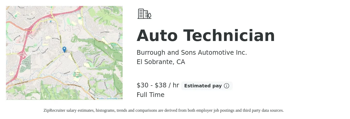 Burrough and Sons Automotive Inc. job posting for a Auto Technician in El Sobrante, CA with a salary of $32 to $40 Hourly with a map of El Sobrante location.
