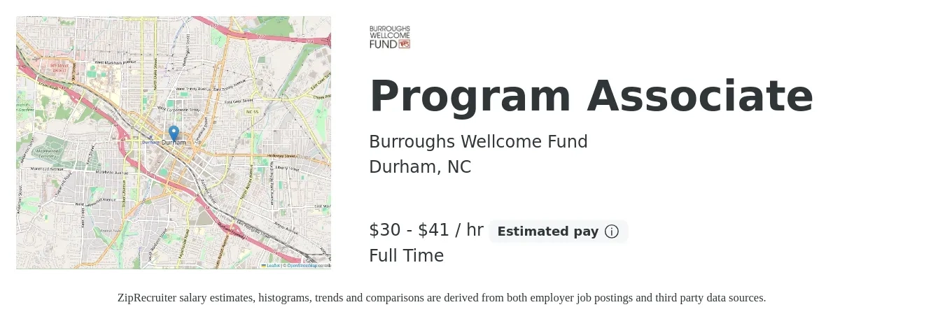Burroughs Wellcome Fund job posting for a Program Associate in Durham, NC with a salary of $65,000 to $90,000 Yearly with a map of Durham location.