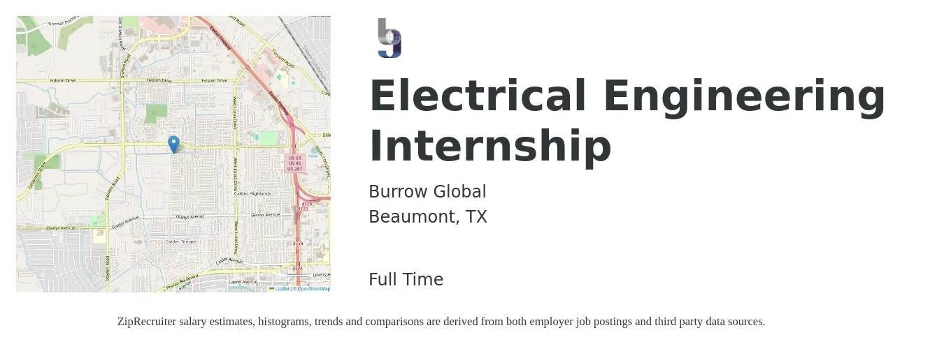 Burrow Global, LLC job posting for a Electrical Engineering Internship in Beaumont, TX with a salary of $18 to $24 Hourly with a map of Beaumont location.