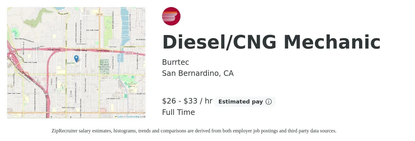 Burrtec job posting for a Diesel/CNG Mechanic in San Bernardino, CA with a salary of $27 to $35 Hourly with a map of San Bernardino location.