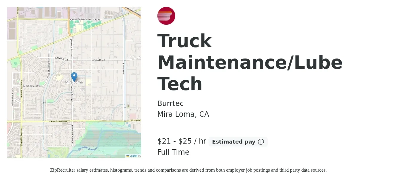 Burrtec job posting for a Truck Maintenance/Lube Tech in Mira Loma, CA with a salary of $23 to $26 Hourly with a map of Mira Loma location.