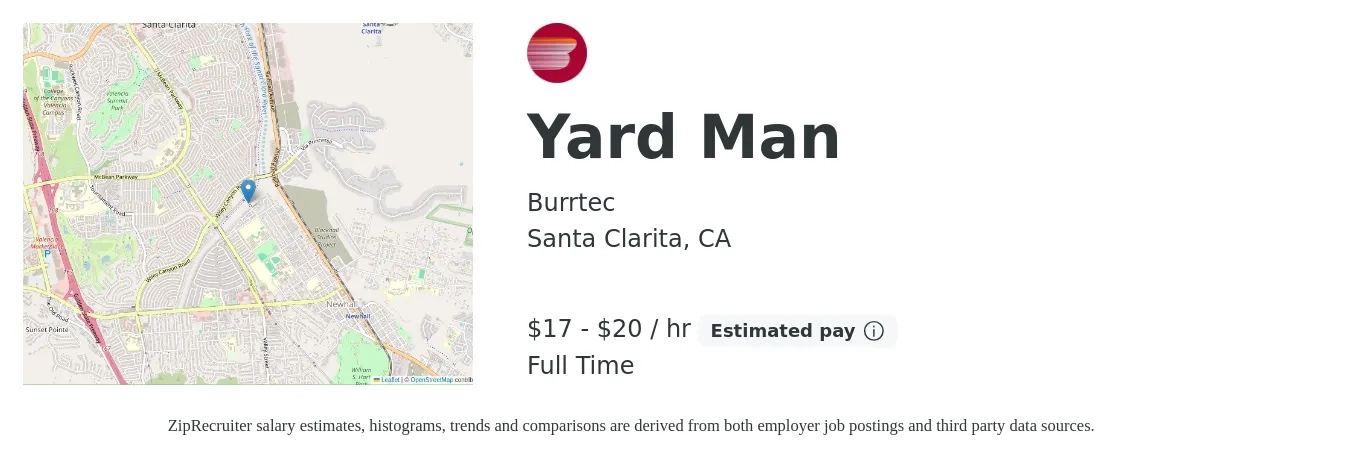 Burrtec job posting for a Yard Man in Santa Clarita, CA with a salary of $18 to $21 Hourly with a map of Santa Clarita location.