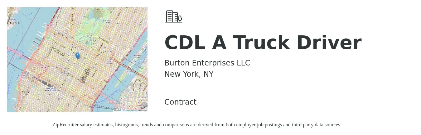 Burton Enterprises LLC job posting for a CDL A Truck Driver in New York, NY with a salary of $3,000 to $4,000 Weekly with a map of New York location.