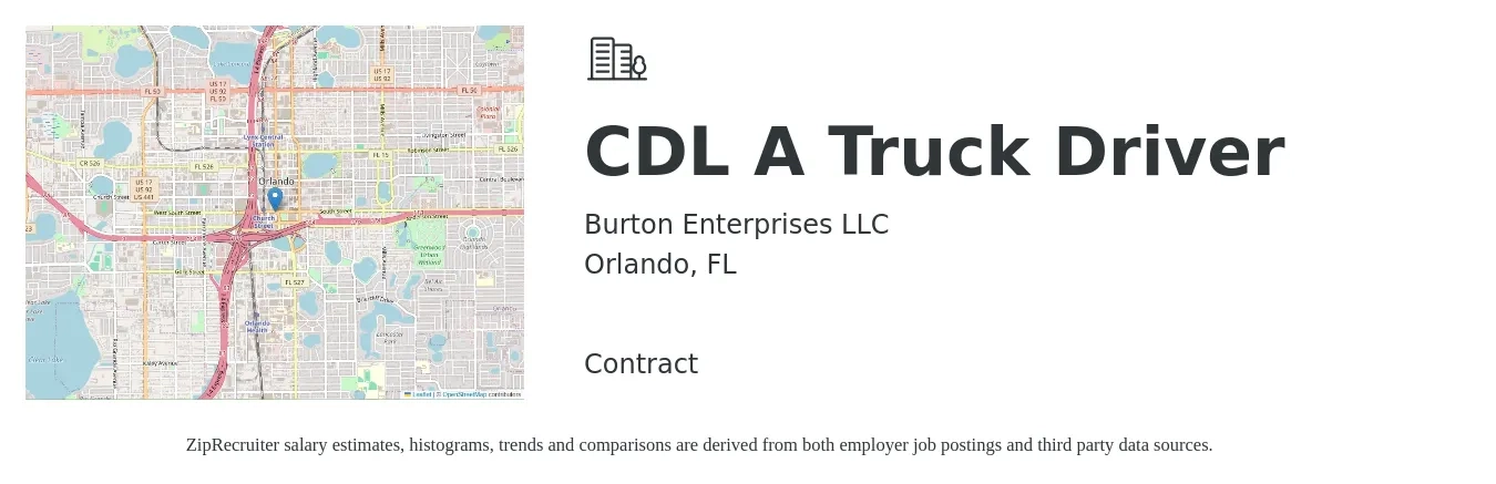 Burton Enterprises LLC job posting for a CDL A Truck Driver in Orlando, FL with a salary of $3,000 to $4,000 Weekly with a map of Orlando location.