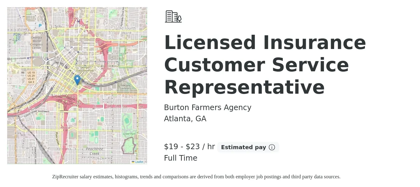 Burton Farmers Agency job posting for a Licensed Insurance Customer Service Representative in Atlanta, GA with a salary of $20 to $24 Hourly with a map of Atlanta location.