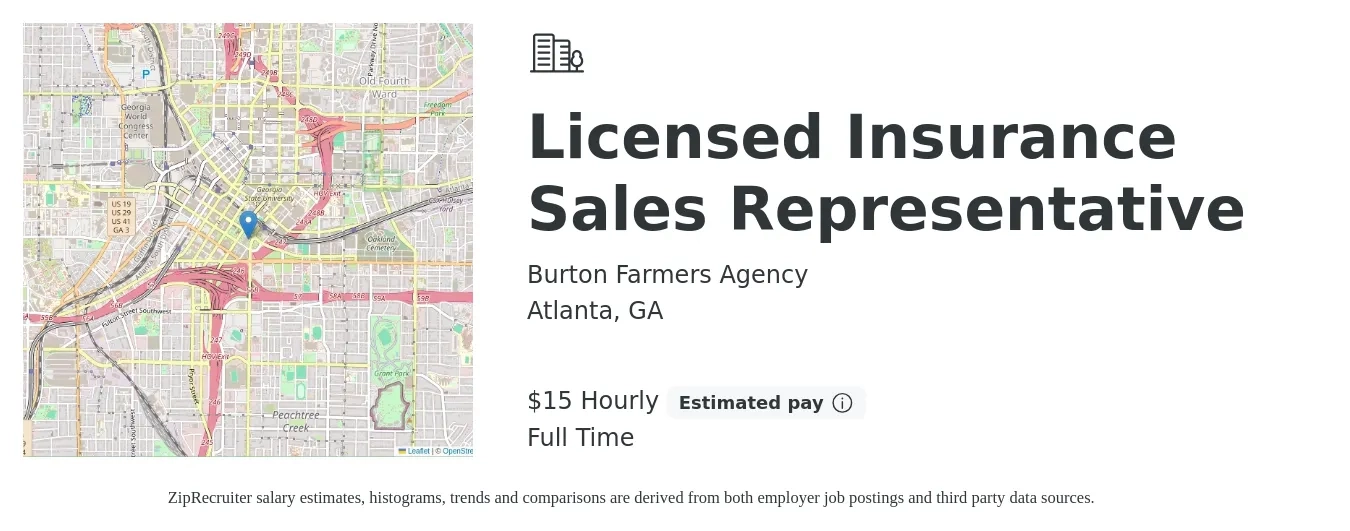 Burton Farmers Agency job posting for a Licensed Insurance Sales Representative in Atlanta, GA with a salary of $16 Hourly with a map of Atlanta location.