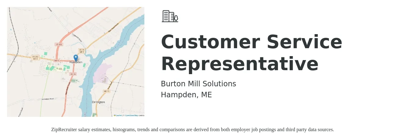Burton Mill Solutions job posting for a Customer Service Representative in Hampden, ME with a salary of $22 to $26 Hourly with a map of Hampden location.