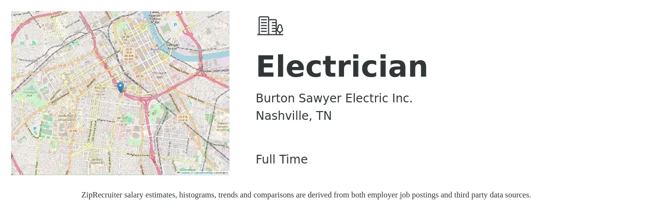 Burton Sawyer Electric Inc. job posting for a Electrician in Nashville, TN with a salary of $24 to $33 Hourly with a map of Nashville location.
