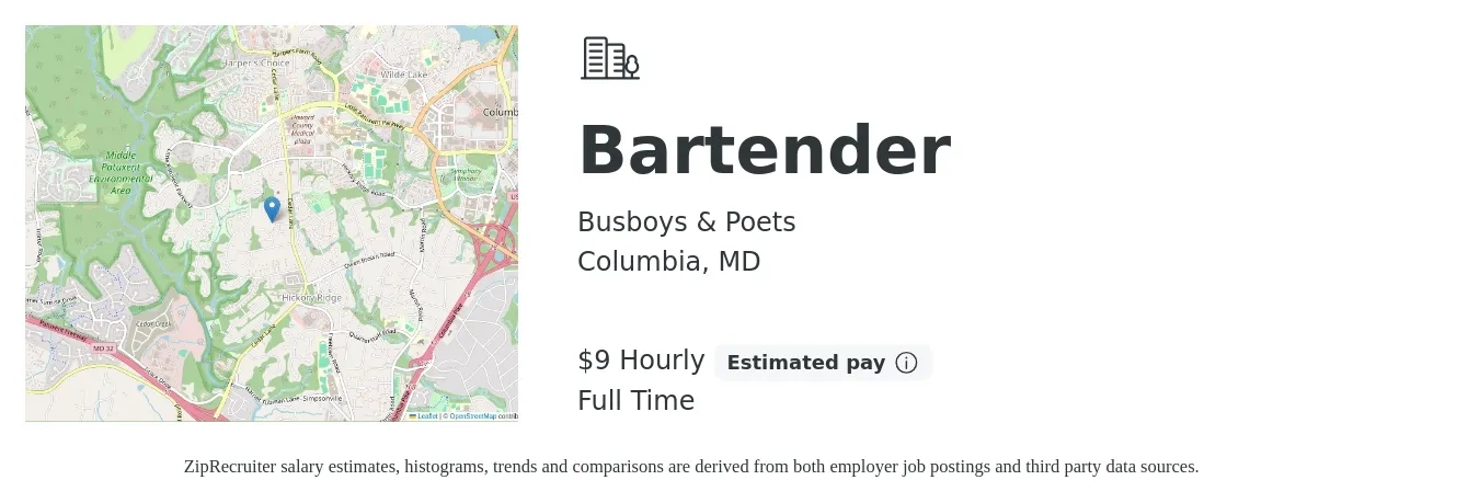 Busboys & Poets job posting for a Bartender in Columbia, MD with a salary of $10 Hourly with a map of Columbia location.