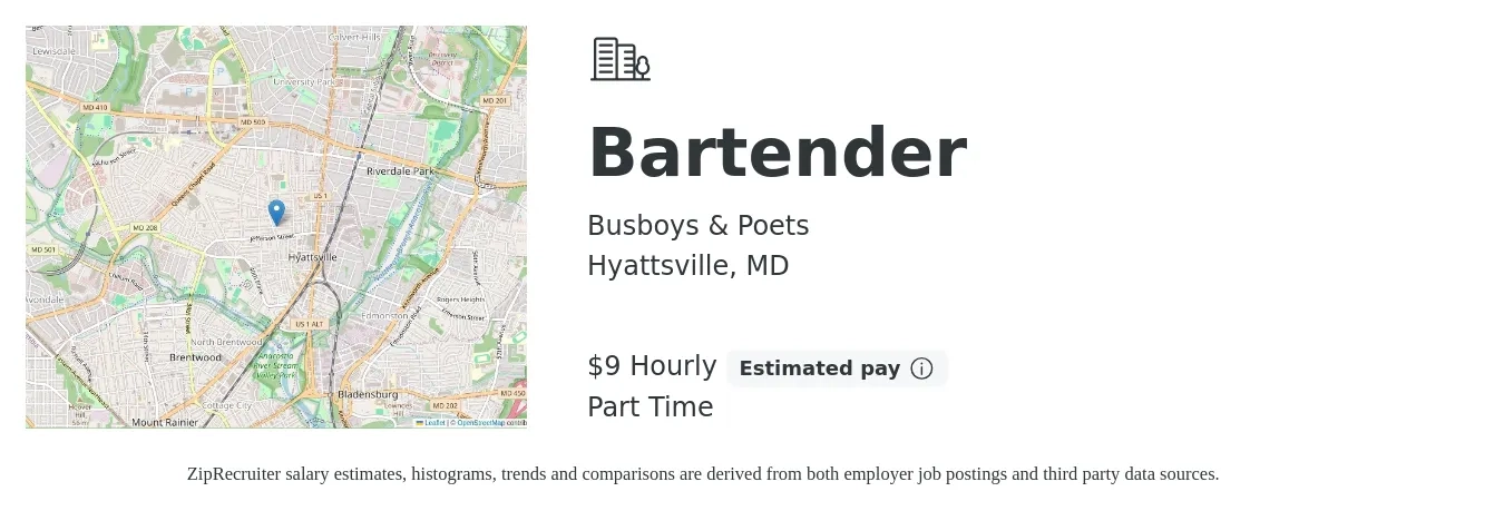 Busboys & Poets job posting for a Bartender in Hyattsville, MD with a salary of $10 Hourly with a map of Hyattsville location.