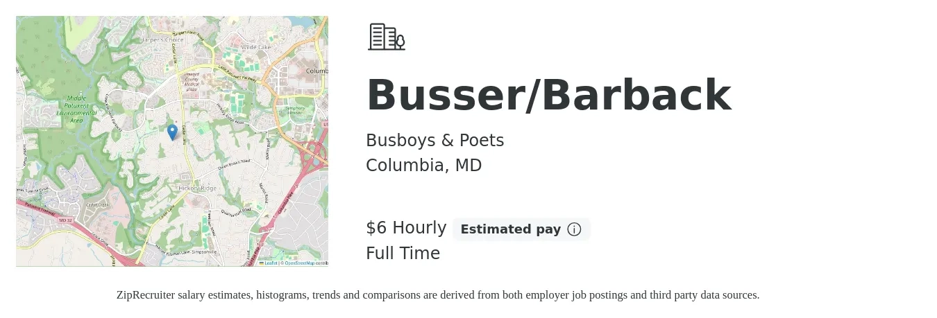 Busboys & Poets job posting for a Busser/Barback in Columbia, MD with a salary of $7 Hourly with a map of Columbia location.