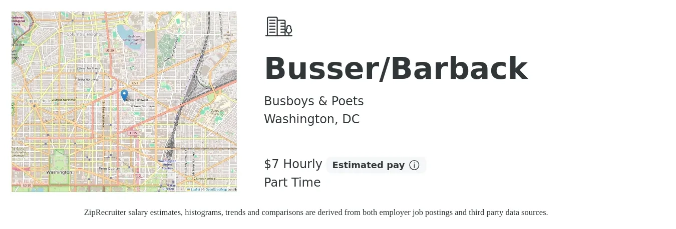 Busboys & Poets job posting for a Busser/Barback in Washington, DC with a salary of $8 Hourly with a map of Washington location.