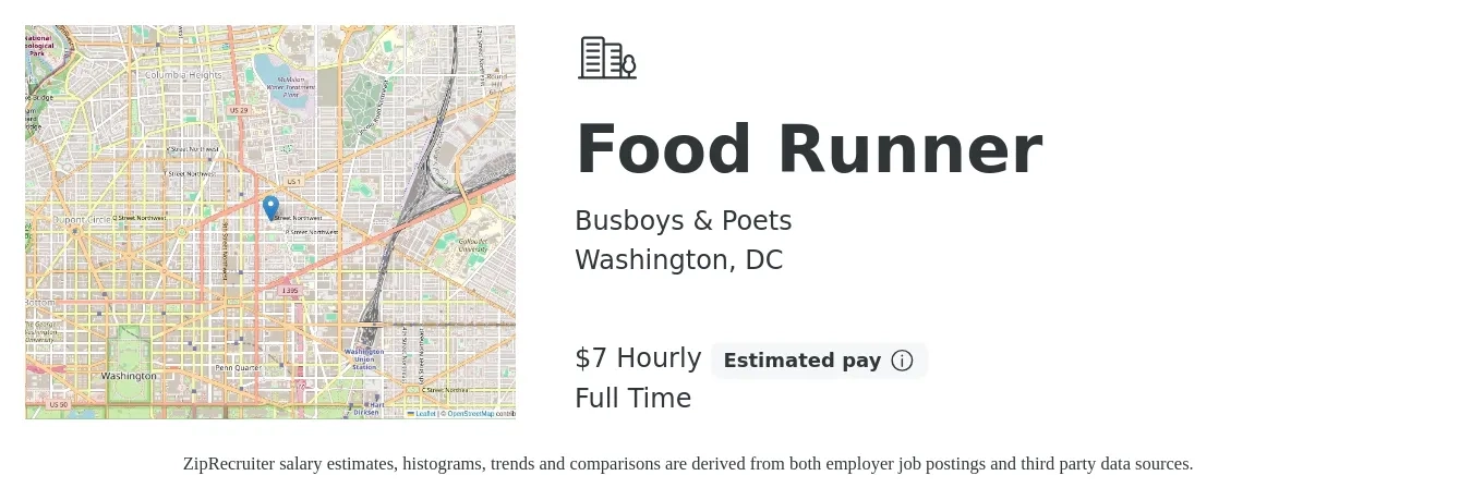 Busboys & Poets job posting for a Food Runner in Washington, DC with a salary of $8 Hourly with a map of Washington location.