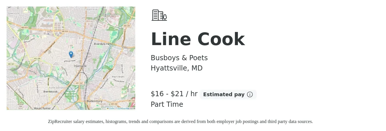 Busboys & Poets job posting for a Line Cook in Hyattsville, MD with a salary of $17 to $22 Hourly with a map of Hyattsville location.